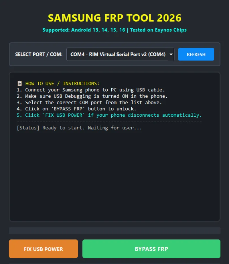 Samsung FRP Tool 2026 – Bypass FRP on Android 13, 14, 15, 16 Exynos Chips